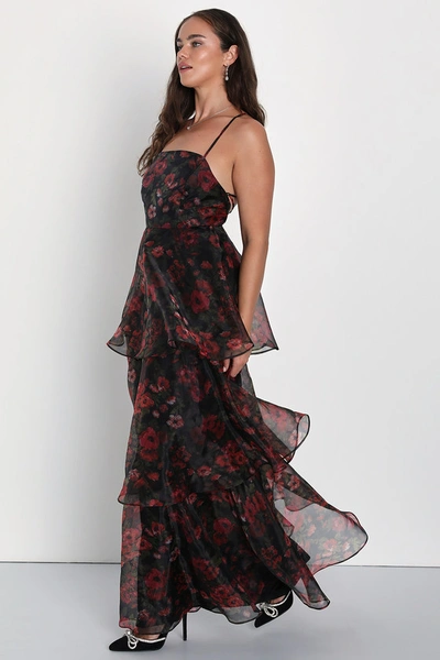 Lulus Marvelous Essence Black Floral Organza Lace-up Tiered Maxi Dress