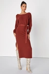 Lulus Cozy Captivation Rust Ribbed Dolman Sleeve Midi Sweater Dress In Brown