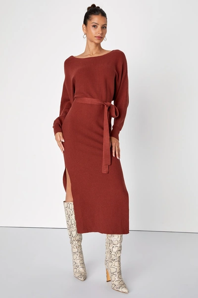 Lulus Cozy Captivation Rust Ribbed Dolman Sleeve Midi Sweater Dress In Brown