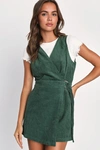 Lulus Absolutely Cute Dark Green Corduroy Faux-wrap Skort Romper In Dark Green