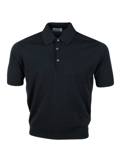 John Smedley Short-sleeved Polo Shirt In Extra-fine Cotton Thread With Three Buttons In Black