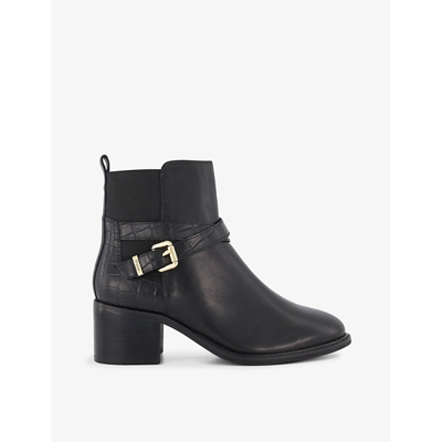 Dune Womens Black-leather Mix Pout Buckle-detail Crocodile-embossed Leather Block-heel Ankle Boots