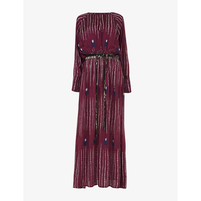 Leem Womens Burgundy C Shimmer Graphic-print Woven Maxi Dress