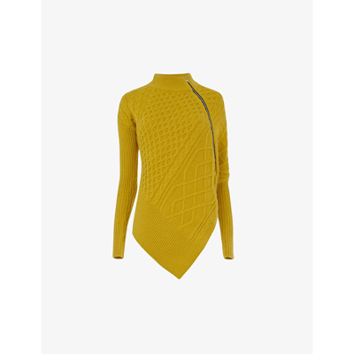Leem Womens Mustard Asymmetric Zip-embellished Knitted Jumper