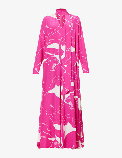 Valentino Embellished Panther-print Shirt Gown In Whitepink