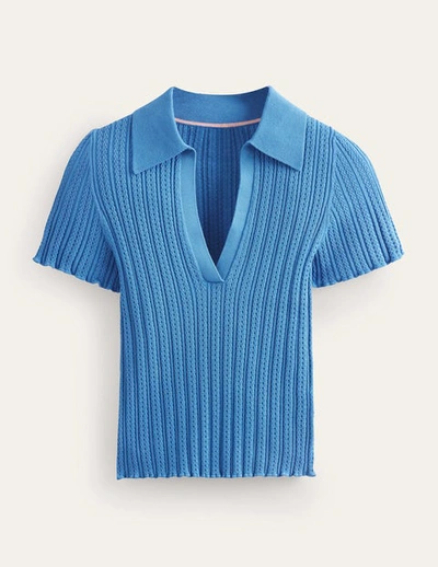 Boden Ribbed Pointelle Collared Top Porcelain Blue Women