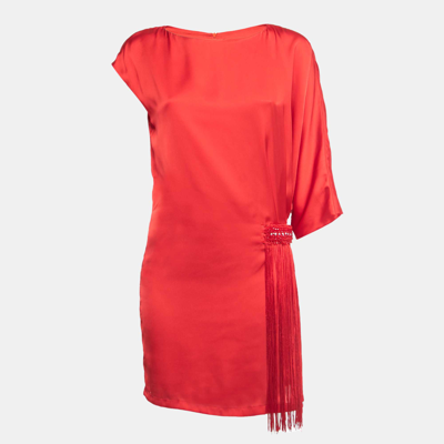 Pre-owned Class By Roberto Cavalli Red Satin Fringed Detail Tunic Dress M