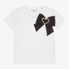 ANGEL'S FACE ANGEL'S FACE GIRLS WHITE COTTON JACQUARD HEART BOW T-SHIRT