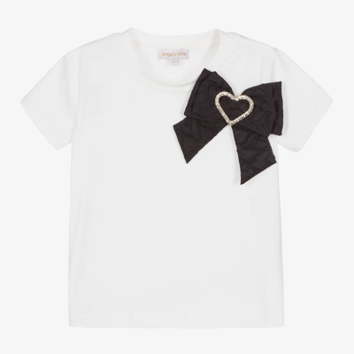 Angel's Face Kids'  Girls White Cotton Jacquard Heart Bow T-shirt