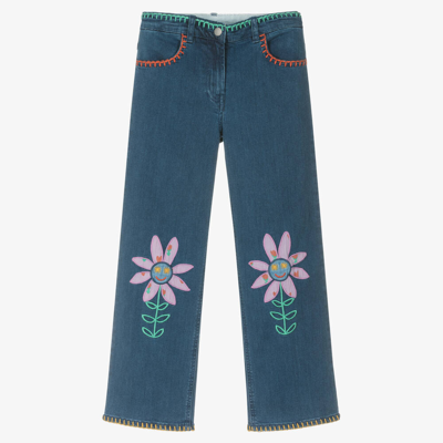 Stella Mccartney Kids Teen Girls Blue Denim Flower Jeans In 618 - Blue