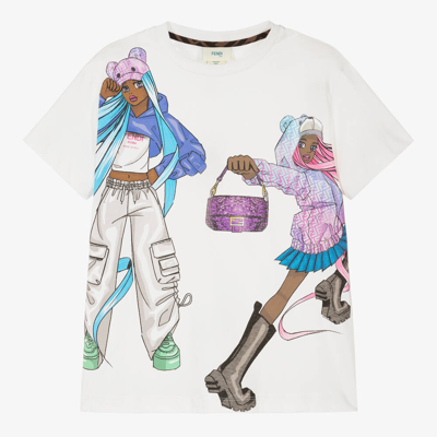 Fendi Kids' Girls White Cotton Manga Print T-shirt