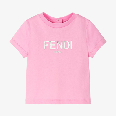 Fendi Babies' Pink T-shirt For Girl With Teddy Bear