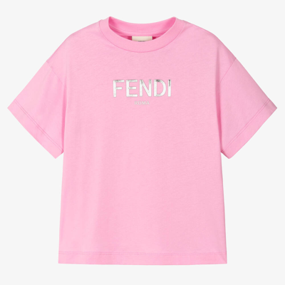 Fendi Kids' Girls Pink & Metallic Silver Cotton T-shirt