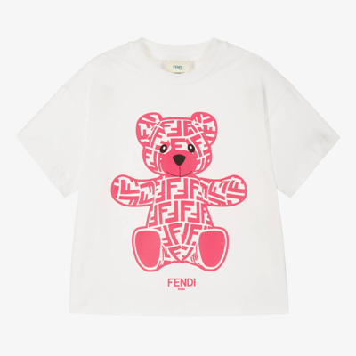 Fendi Kids' Girls White & Pink Ff Teddy Bear T-shirt