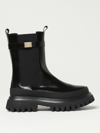 Dolce & Gabbana Kids' Leather Ankle Boots With Metal Logo Label In Black