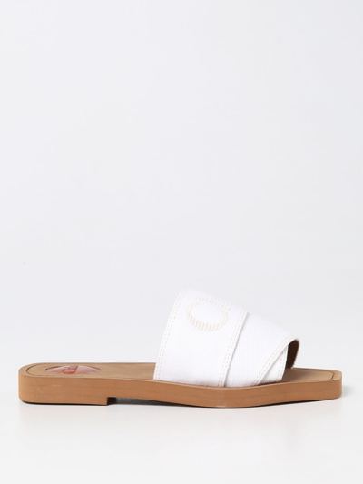 Chloé Woody Sandals In Canvas With Embroidered Logo In White