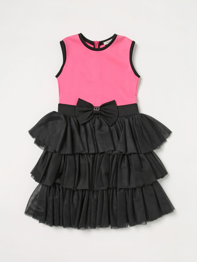 Twinset Kids' Bow-detail Ruffled Midi Dress In Fuchsia