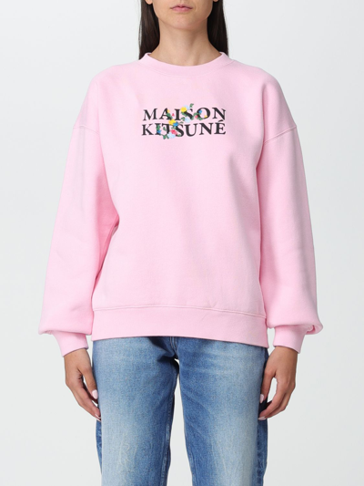 Maison Kitsuné Pink Crewneck Sweatshirt With Front Logo Print In Cotton Woman