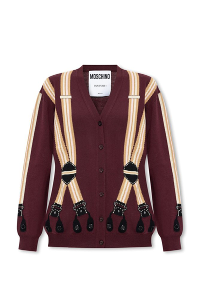 Moschino Intarsia-knit Suspenders Cardigan In Red