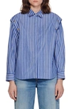 Sandro Womens Bleus Muscade Stripe-pattern Removable-sleeve Cotton Shirt