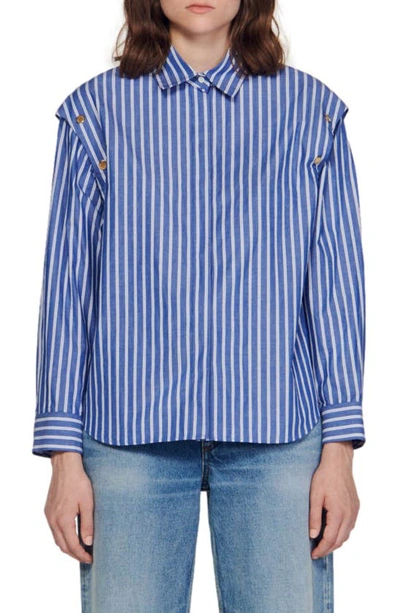 Sandro Womens Bleus Muscade Stripe-pattern Removable-sleeve Cotton Shirt