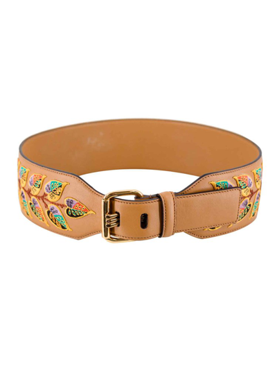 Etro Leather Embroidered Belt In Multi