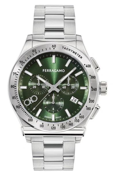 Ferragamo 1927 Chronograph Bracelet Watch, 42mm In Steel/green