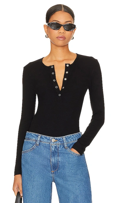 Lna Dalston Ribbed Henley Top In Black