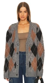 Wao Argyle Sweater Cardigan In Grey & Black