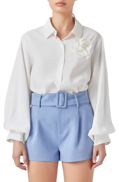 Endless Rose Women's Corsage Blouson Collared Top In White