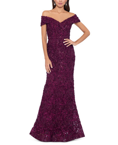 Xscape Off-the-shoulder Lace Gown In Wine