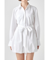 Grey Lab Tie Belt Long Sleeve Bubble Hem Shirtdress In White