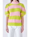 English Factory Stripe Puff Shoulder Mock Neck Sweater In Pink/green