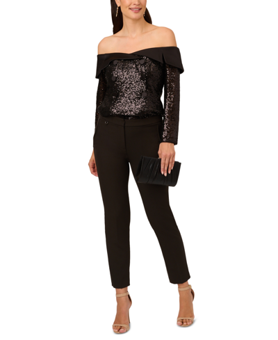 Adrianna Papell Women's Sequined Off-the-shoulder Tuxedo Top In Black