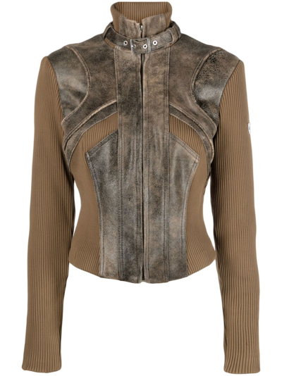 Misbhv Ribbed Panels Zipped Leather Jacket In Brown