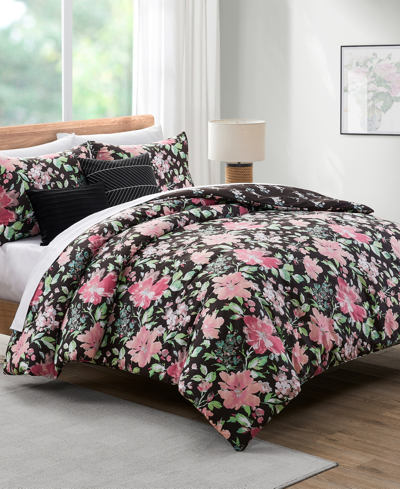 Vcny Home Allure Floral Reversible 3 Piece Quilt Set, King In Black