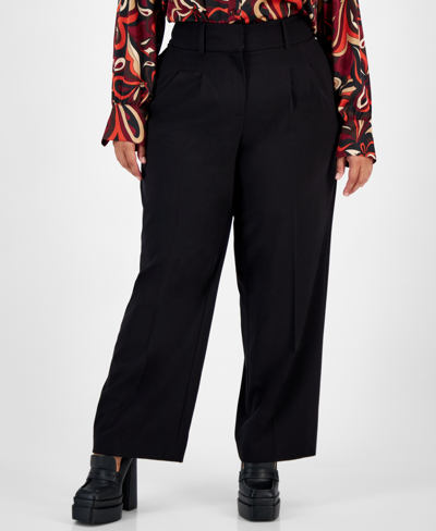 Bar Iii Plus Size Solid Pleat-front Wide-leg Pants, Created For Macy's In Black