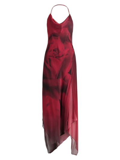 Alberta Ferretti Rose-print Cowl Halter Handkerchief Maxi Dress In Red