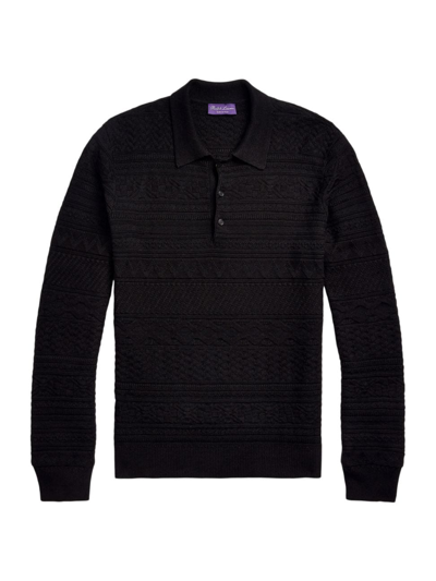 Ralph Lauren Purple Label Men's Textured Linen Long-sleeve Polo In Classic Black