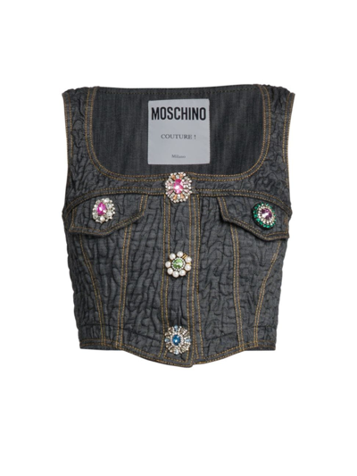 Moschino Women's Cotton-blend Brooch-embellished Bustier Top In Fantasy Print Black
