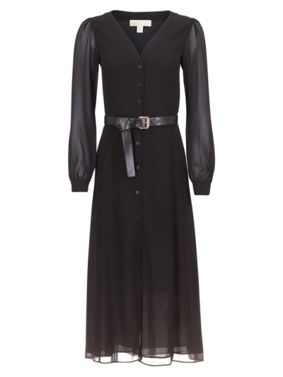 Michael Michael Kors Women's Kate Chiffon Belted Midi-dress In Black