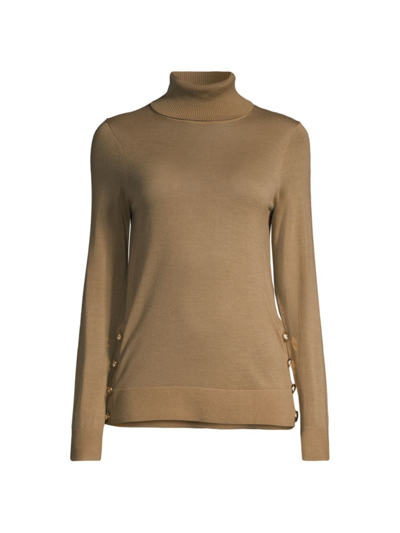 Michael Michael Kors Women's Side-button Merino Wool Turtleneck Sweater In Dark Camel