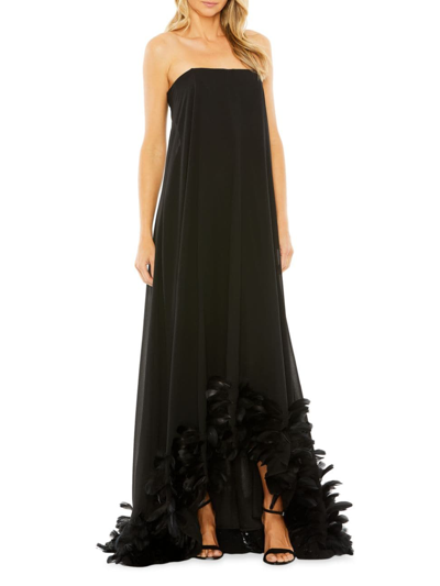 Mac Duggal Strapless Flare Feather Hem Gown In Black