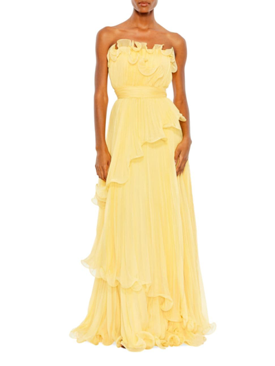Mac Duggal Pleated Tiered Ruffled Strapless Gown In Buttercup