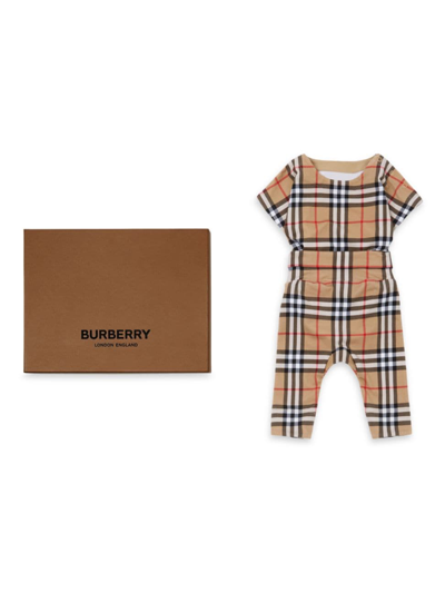 Burberry Vintage Check Babygrow Set In Archive Beige Check