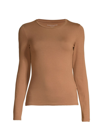 Majestic Soft Touch Flat-edge Long-sleeve Crewneck Top In Bison