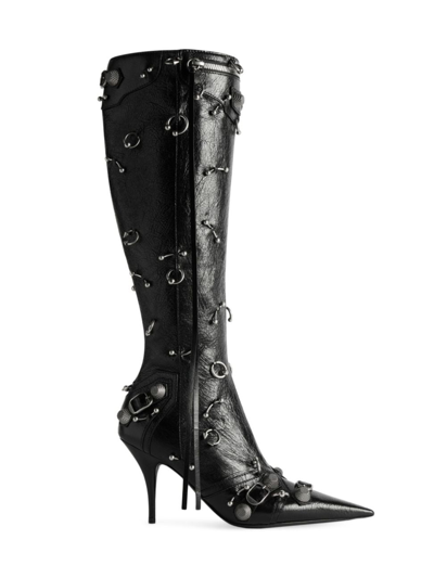 Balenciaga Cagole White Pointed High-boots With Studs And Buckles In Leather Woman In Black