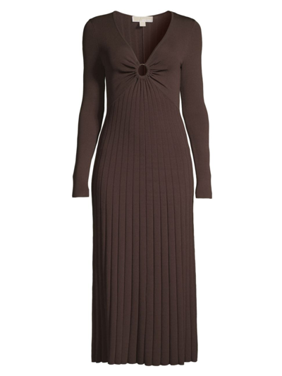 Michael Michael Kors Women's O-ring Pleated Knit Midi-dress In Chocolate