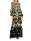 Mac Duggal High Neck Floral Embroidered Puff Sleeve Gown In Black