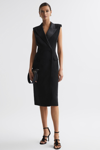 REISS AMARI - BLACK FITTED DOUBLE BREASTED MIDI DRESS, US 2